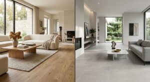 A split-screen interior design shot comparing elegant light oak luxury vinyl planks on one side and