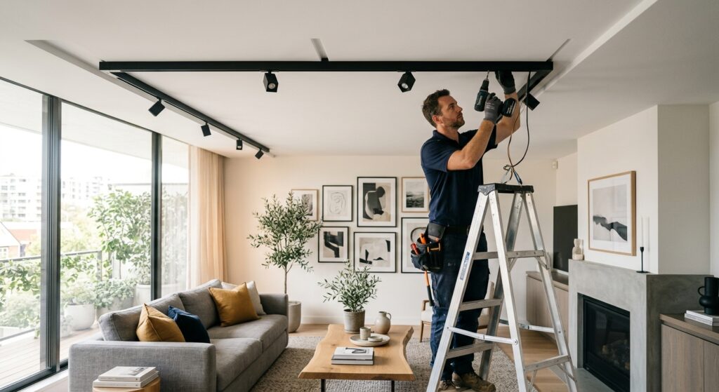 A professional interior design photograph of a modern living room featuring sleek black track lighti