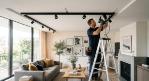 A professional interior design photograph of a modern living room featuring sleek black track lighti
