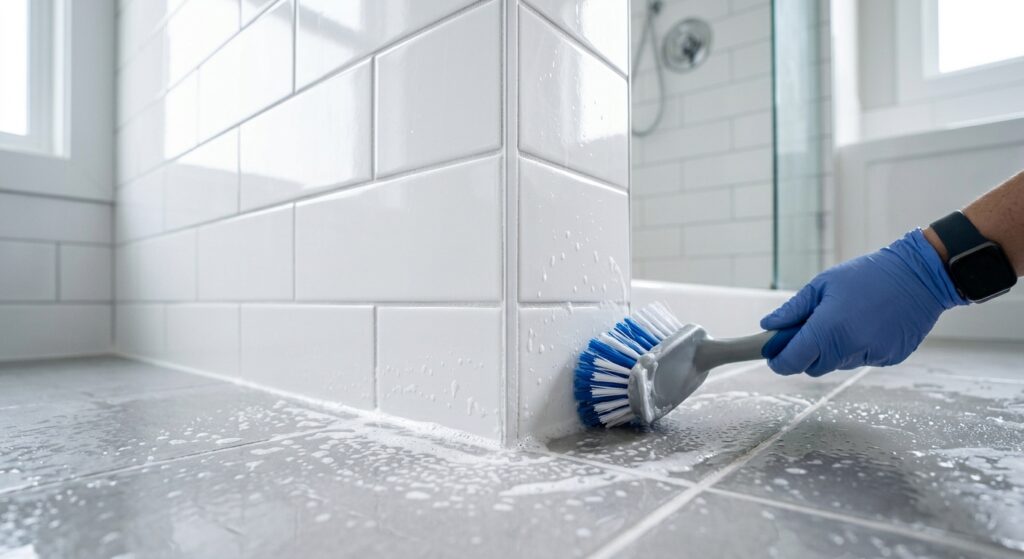 A professional, close-up editorial photograph of a bright, clean bathroom tile corner being scrubbed