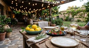 Close-up of a stylish outdoor dining setup on a stone patio featuring a wooden table, ceramic tablew