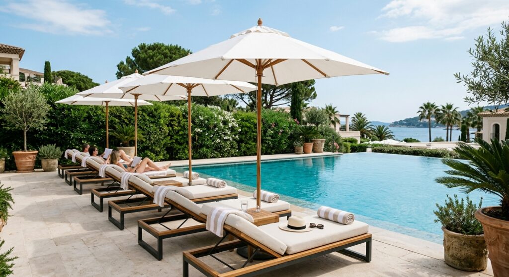 Serene poolside lounge area showcasing sleek sun loungers, oversized white umbrellas, turquoise wate