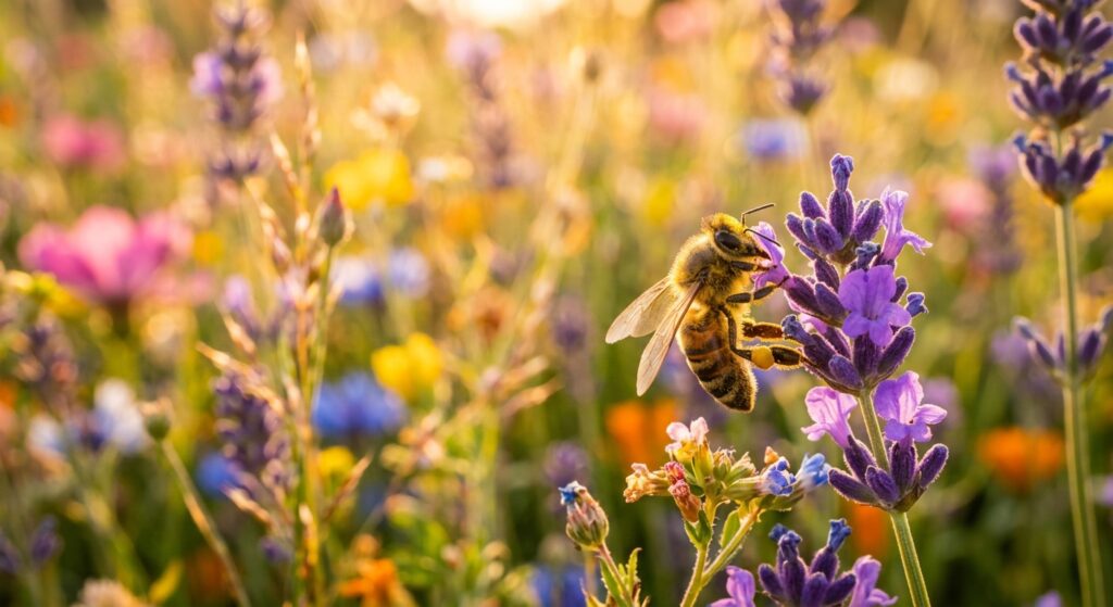 A vibrant, professional editorial-style close-up of a honey bee pollinating a colorful lavender and
