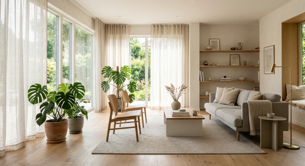 Interior shot of a sun-drenched modern living room with minimalist Scandinavian furniture, soft neut