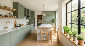 A pristine modern kitchen interior with matte sage green cabinetry, white marble countertops, wooden