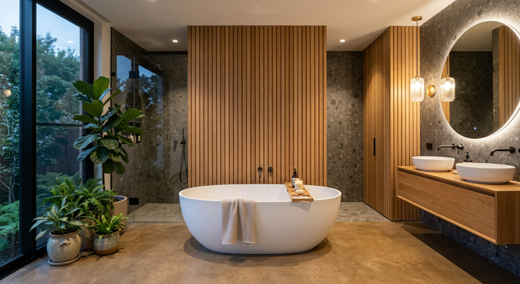 Elegant contemporary bathroom design with a freestanding oval bathtub, vertical wooden slat walls, i