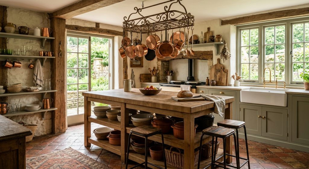 Rustic farmhouse kitchen featuring a large central island, copper pots hanging from a rack, vintage