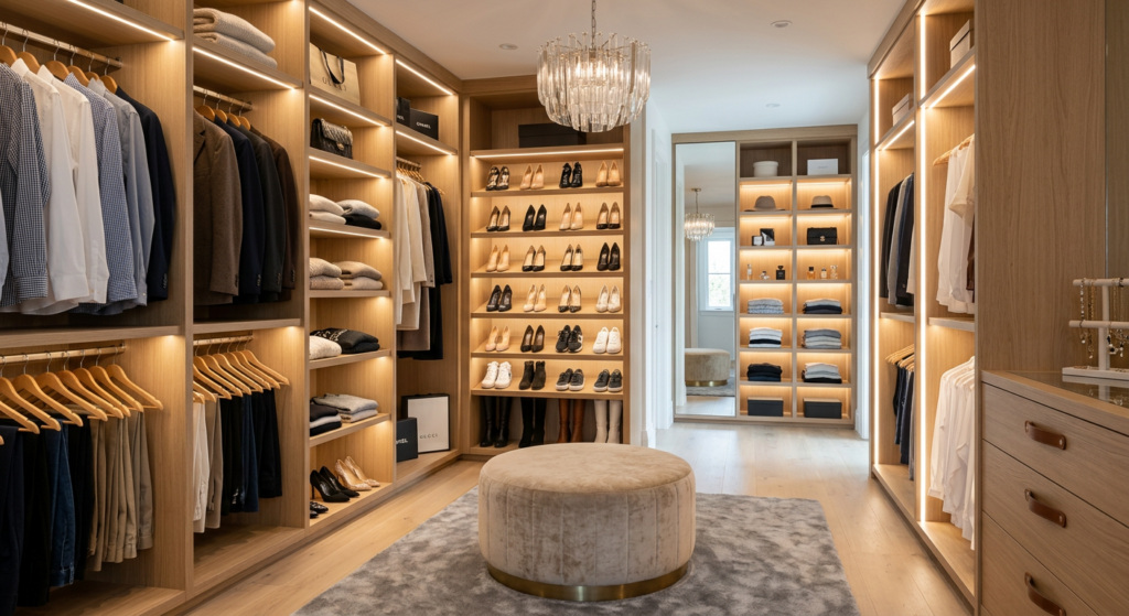 A neatly organized walk-in closet with minimalist custom shelving, integrated soft LED lighting, and