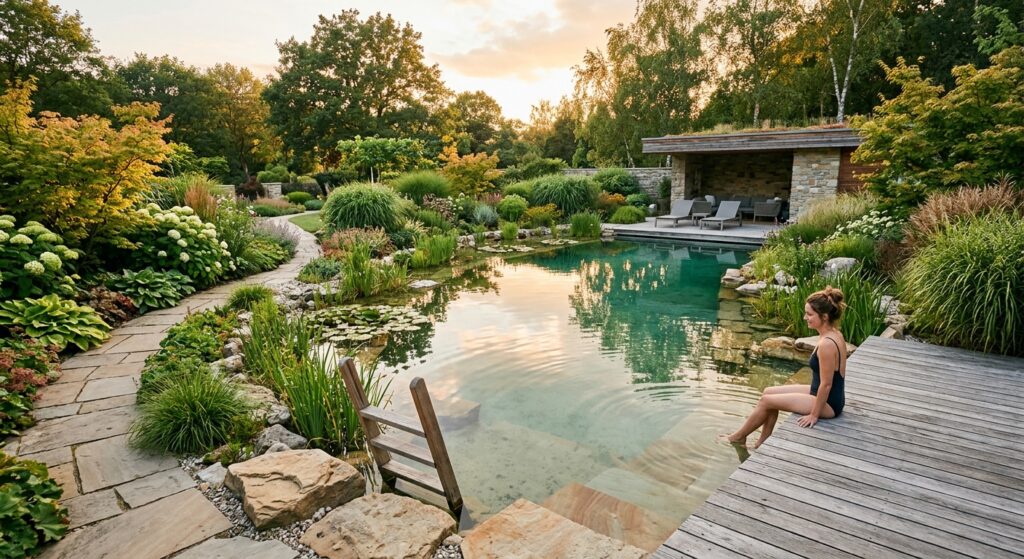 A professional, editorial-style photograph of a crystal-clear natural swimming pond integrated into