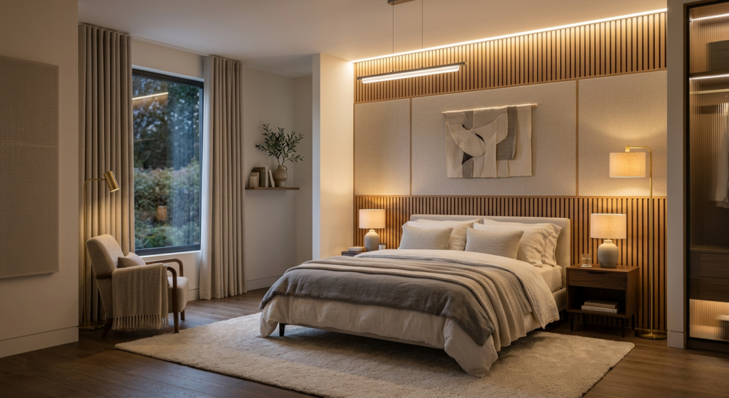 A professional interior design shot of a serene, soundproofed bedroom featuring elegant acoustic wal