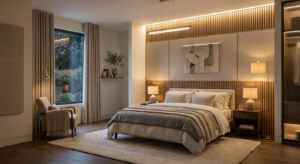 A professional interior design shot of a serene, soundproofed bedroom featuring elegant acoustic wal