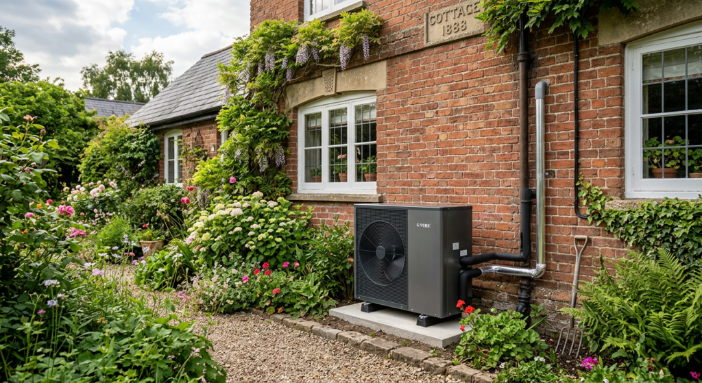 A high-quality, professional photograph of a modern air-source heat pump installed next to the exter