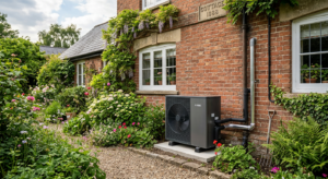 A high-quality, professional photograph of a modern air-source heat pump installed next to the exter