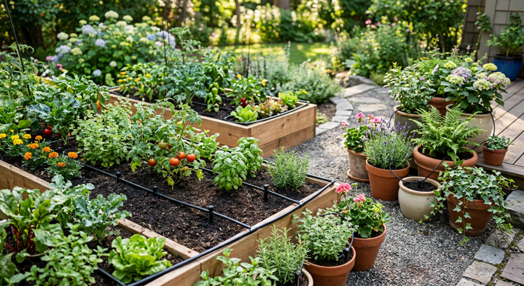 A high-angle, professional editorial photograph of a lush green home garden featuring a modern, disc