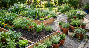A high-angle, professional editorial photograph of a lush green home garden featuring a modern, disc
