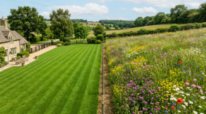 A high-angle, split-screen composition comparing a manicured, vibrant green lawn on one side and a l