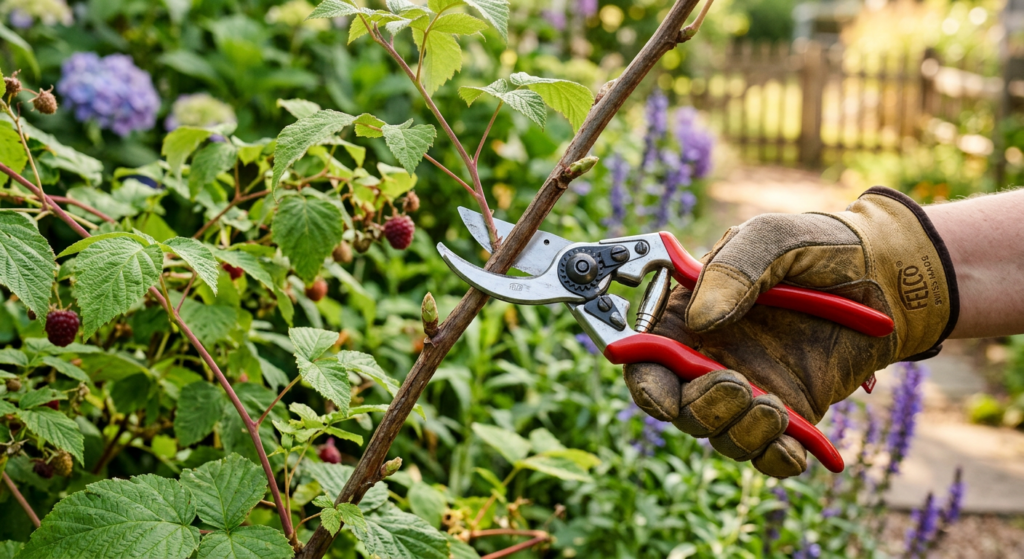 A professional, close-up editorial shot of a pair of bypass pruning shears neatly cutting a branch o