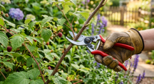 A professional, close-up editorial shot of a pair of bypass pruning shears neatly cutting a branch o