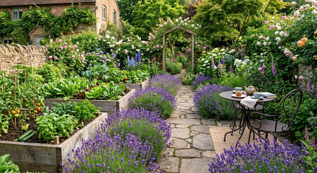 Lush backyard garden oasis featuring raised vegetable beds, blooming lavender, stone pathways, and a