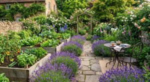 Lush backyard garden oasis featuring raised vegetable beds, blooming lavender, stone pathways, and a