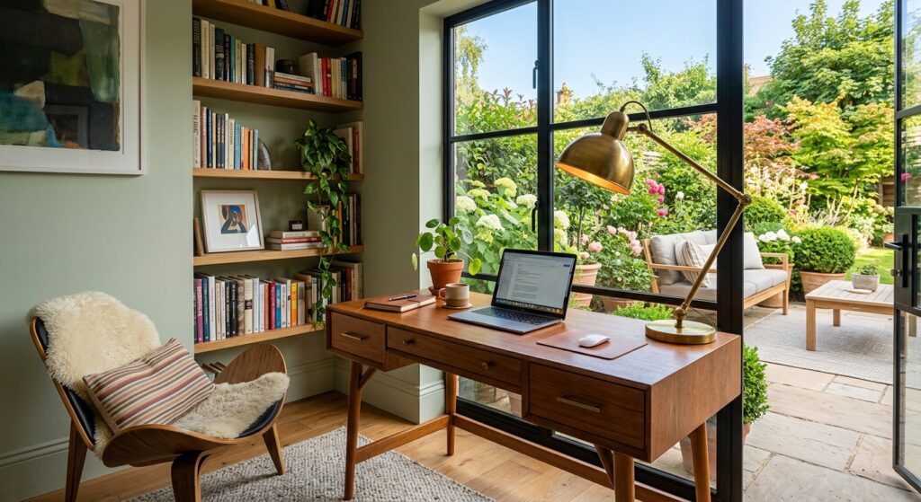 A cozy home office corner with a mid-century modern desk, a statement brass lamp, shelves filled wit